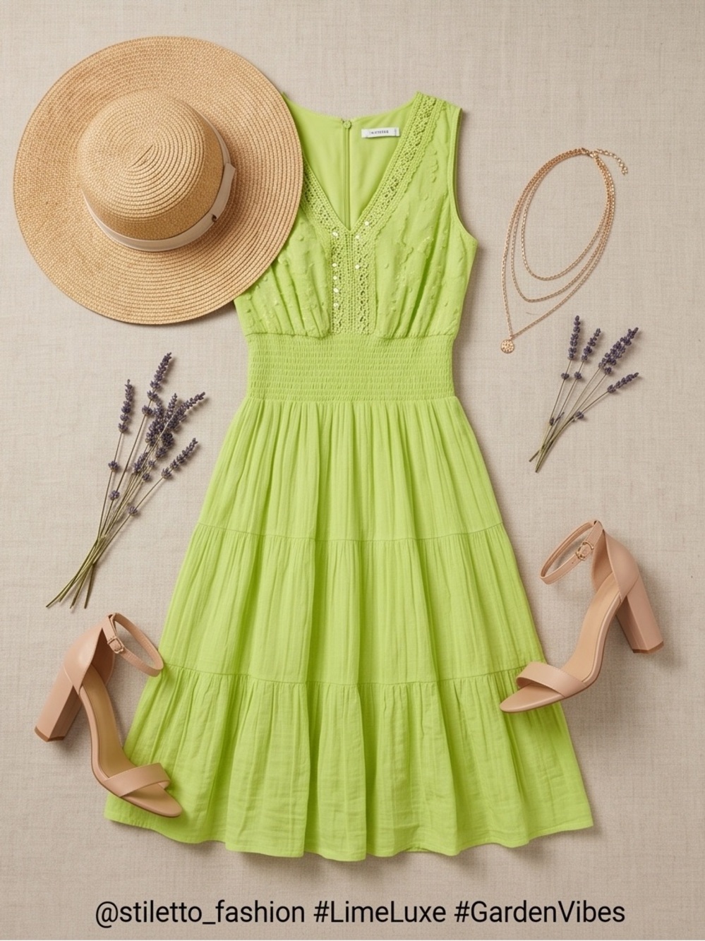 🛍️ MLLE GABRIELLE Lime Green Crinkle Pearl Tiered Smocked Bodice Midi Dress 1X - Picture 8 of 9